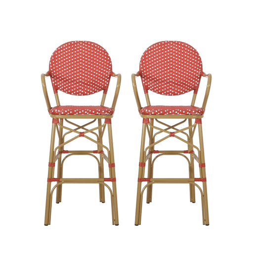 Outdoor Wicker and Aluminum 29.5' French Barstools, Set of 2, Red, Bamboo Print Finish Default -DTYStore