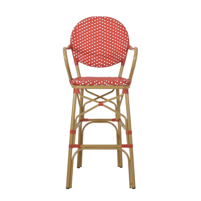 Outdoor Wicker and Aluminum 29.5' French Barstools, Set of 2, Red, Bamboo Print Finish Default -DTYStore