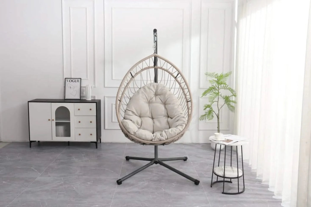 Outdoor egg-shaped hanging chair with stand, patio wicker swing egg-shaped chair, indoor rocking chair, outdoor hammock egg-shaped chair, linen gray Default -DTYStore