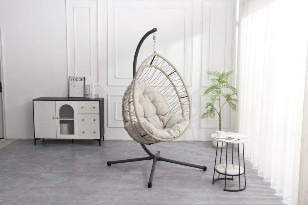 Outdoor egg-shaped hanging chair with stand, patio wicker swing egg-shaped chair, indoor rocking chair, outdoor hammock egg-shaped chair, linen gray Default -DTYStore