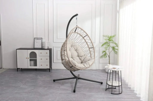 Outdoor egg-shaped hanging chair with stand, patio wicker swing egg-shaped chair, indoor rocking chair, outdoor hammock egg-shaped chair, linen gray Default -DTYStore