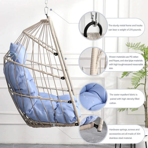 Outdoor garden rattan egg swing chair hanging chair PE hanging chair blue Default -DTYStore