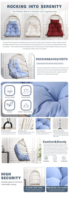 Outdoor garden rattan egg swing chair hanging chair PE hanging chair blue Default -DTYStore