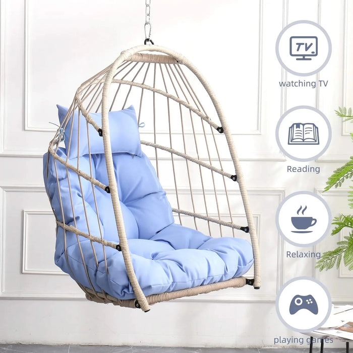 Outdoor garden rattan egg swing chair hanging chair PE hanging chair blue Default -DTYStore