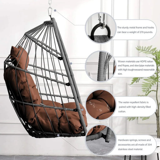 Outdoor garden rattan egg swing chair hanging chair PE hanging chair brown Default -DTYStore