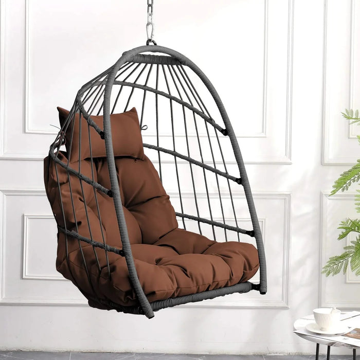 Outdoor garden rattan egg swing chair hanging chair PE hanging chair brown Default -DTYStore