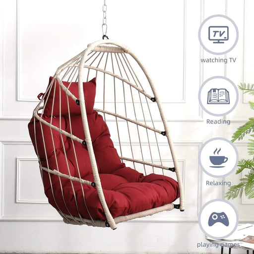 Outdoor garden rattan egg swing chair hanging chair PE hanging chair red Default -DTYStore