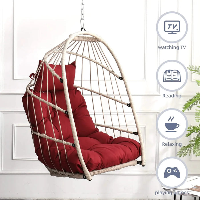Outdoor garden rattan egg swing chair hanging chair PE hanging chair red Default -DTYStore