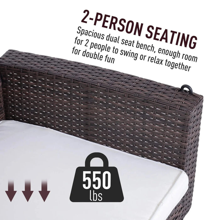 Outsunny 2 Person Wicker Hanging Swing Bench, Front Porch Swing Outdoor Chair with Cushions 550 lbs. Weight Capacity for Backyard, Garden, Cream White Default -DTYStore