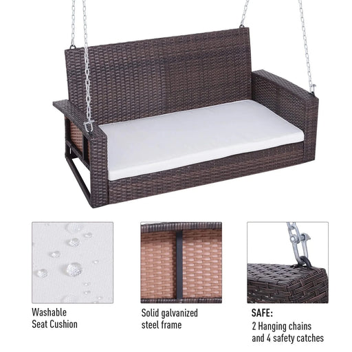 Outsunny 2 Person Wicker Hanging Swing Bench, Front Porch Swing Outdoor Chair with Cushions 550 lbs. Weight Capacity for Backyard, Garden, Cream White Default -DTYStore