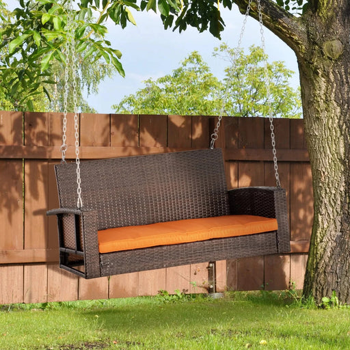 Outsunny 2 Person Wicker Hanging Swing Bench, Front Porch Swing Outdoor Chair with Cushions 550 lbs. Weight Capacity for Backyard, Garden, Orange Default -DTYStore