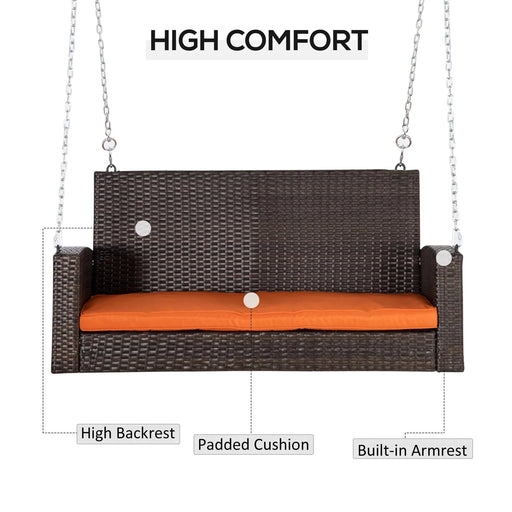 Outsunny 2 Person Wicker Hanging Swing Bench, Front Porch Swing Outdoor Chair with Cushions 550 lbs. Weight Capacity for Backyard, Garden, Orange Default -DTYStore