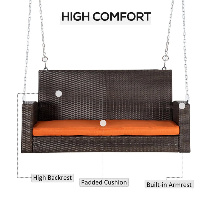 Outsunny 2 Person Wicker Hanging Swing Bench, Front Porch Swing Outdoor Chair with Cushions 550 lbs. Weight Capacity for Backyard, Garden, Orange Default -DTYStore