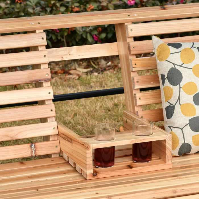 Outsunny 3-Seater Wooden Porch Swing, Patio Swing Bench with Folding Coffee Table, Cup Holders and Chains Included, 440lbs Weight Capacity, Natural Default -DTYStore