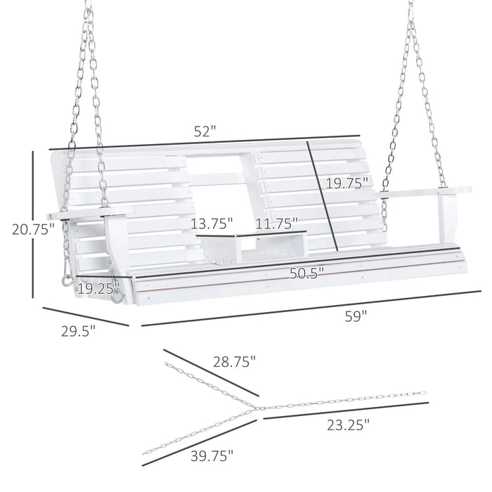 Outsunny 3-Seater Wooden Porch Swing, Patio Swing Bench with Folding Coffee Table, Cup Holders and Chains Included, 440lbs Weight Capacity, White Default -DTYStore