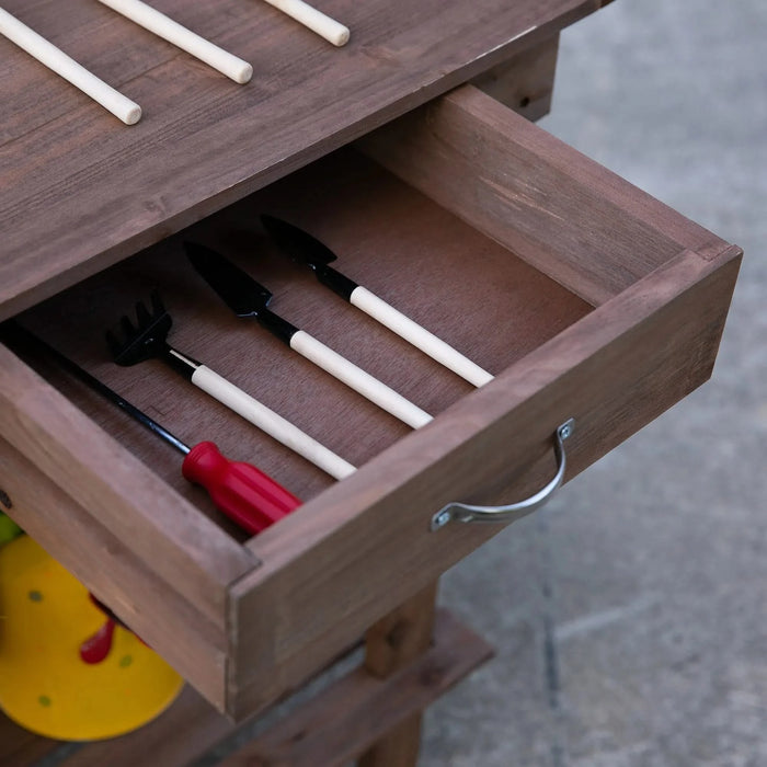 Outsunny 36'' Wooden Potting Bench Work Table with 2 Removable Wheels, Sink, Drawer & Large Storage Spaces, Brown Default -DTYStore