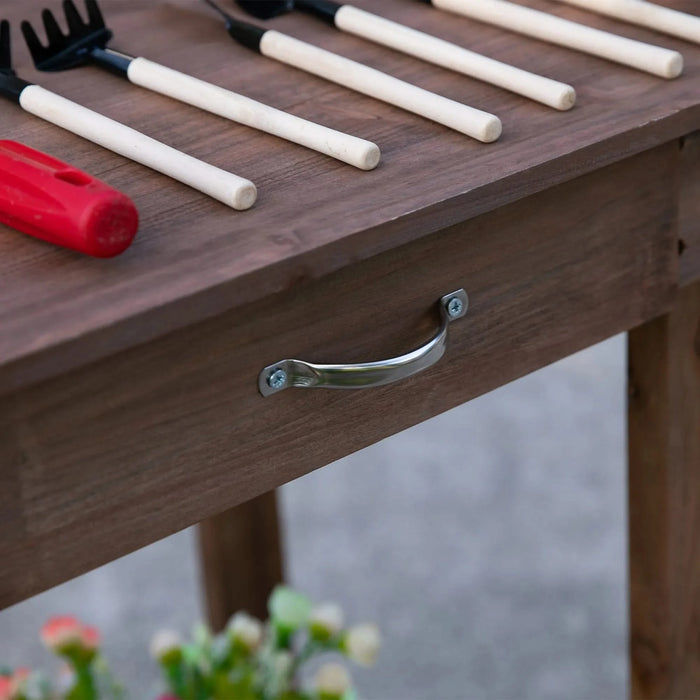 Outsunny 36'' Wooden Potting Bench Work Table with 2 Removable Wheels, Sink, Drawer & Large Storage Spaces, Brown Default -DTYStore