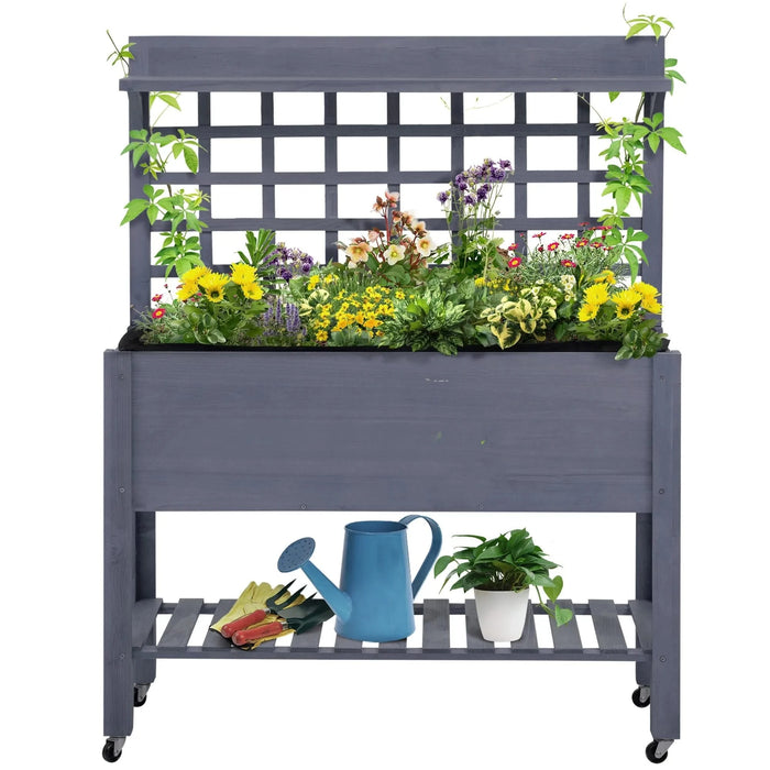 Outsunny 41' Raised Garden Bed with Trellis on Wheels, Wooden Elevated Planter Box with Legs and Bed Liner, for Flowers, Herbs & Vegetables, Gray Default -DTYStore