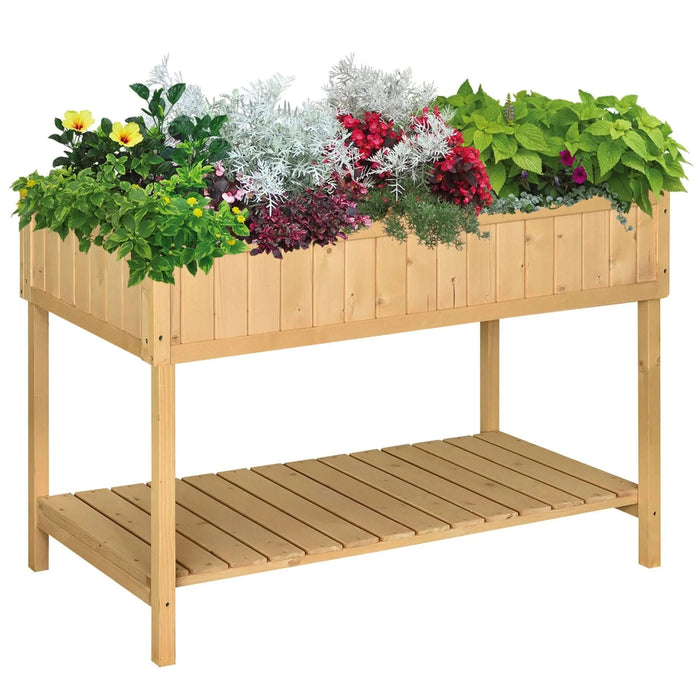 Outsunny 43x18x30in Raised Garden Bed with 8 Pockets and Shelf, Wooden Elevated Planter Box with Legs to Grow Herbs, Vegetables, and Flowers, Natural Default -DTYStore