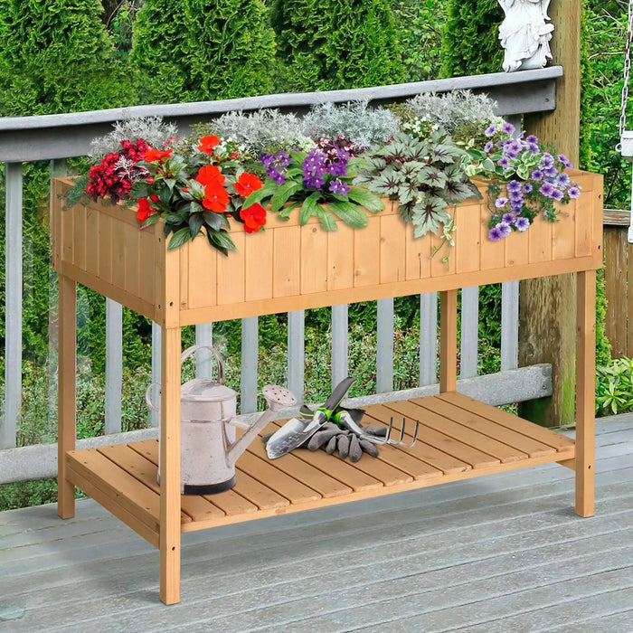 Outsunny 43x18x30in Raised Garden Bed with 8 Pockets and Shelf, Wooden Elevated Planter Box with Legs to Grow Herbs, Vegetables, and Flowers, Natural Default -DTYStore