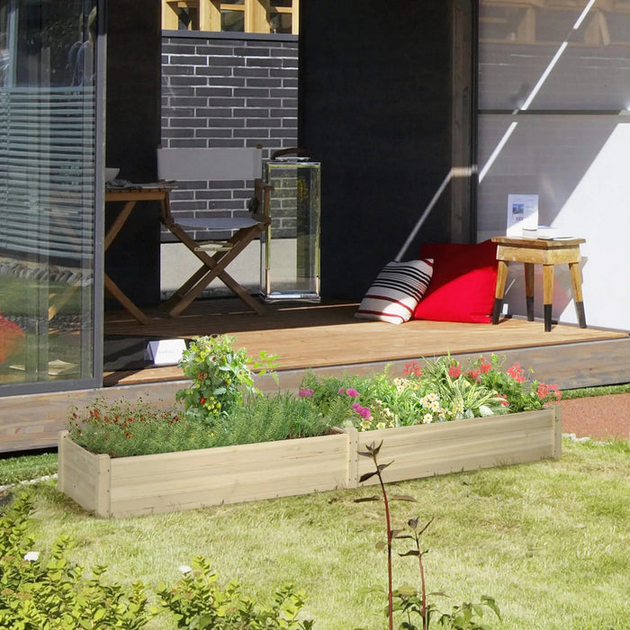 Outsunny 8x2ft Wooden Raised Garden Bed Kit, Elevated Planter with 2 Boxes, Self Draining Bottom and Liner, Patio to Grow Vegetables, Herbs, and Flowers, Natural Default -DTYStore