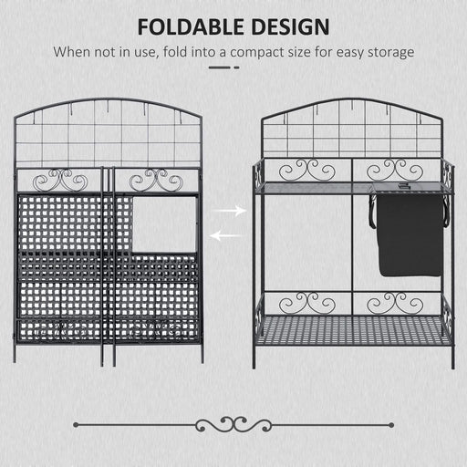 Outsunny Folding Potting Bench Table, Metal Garden Workstation, Work Bench with Large Build-In Bag with Cover, 5 Hanging Hooks & Storage Shelf, Flourishes Default -DTYStore