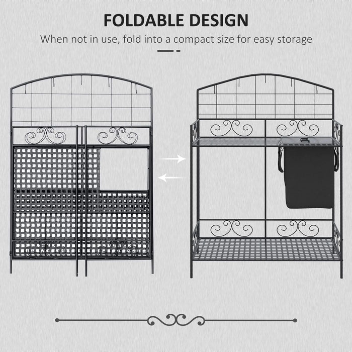 Outsunny Folding Potting Bench Table, Metal Garden Workstation, Work Bench with Large Build-In Bag with Cover, 5 Hanging Hooks & Storage Shelf, Flourishes Default -DTYStore