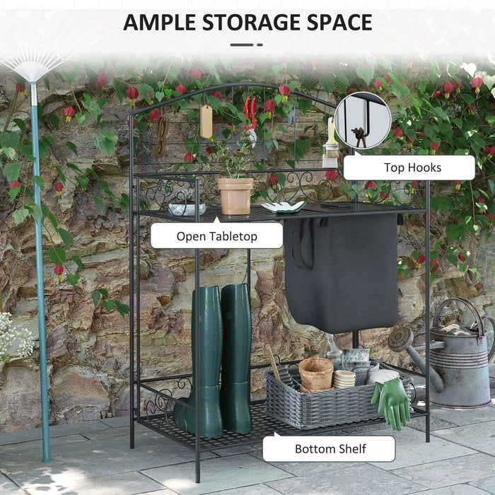 Outsunny Folding Potting Bench Table, Metal Garden Workstation, Work Bench with Large Build-In Bag with Cover, 5 Hanging Hooks & Storage Shelf, Flourishes Default -DTYStore