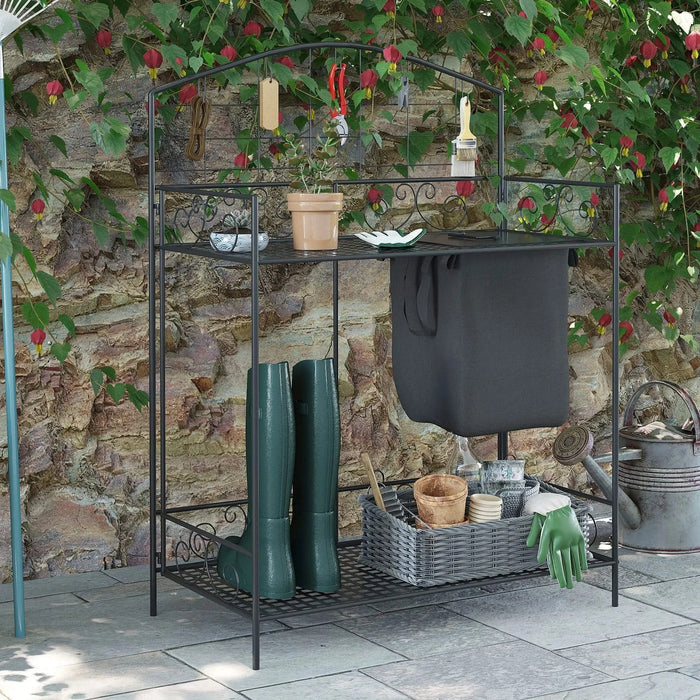 Outsunny Folding Potting Bench Table, Metal Garden Workstation, Work Bench with Large Build-In Bag with Cover, 5 Hanging Hooks & Storage Shelf, Flourishes Default -DTYStore