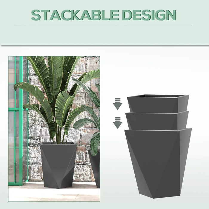 Outsunny Modern Tall Planters Set of 3 with Stackable Design, Drainage Holes, Gray MgO, Various Sizes Default -DTYStore