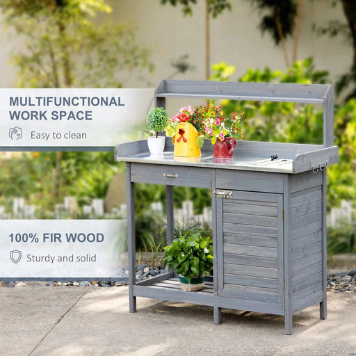 Outsunny Outdoor Potting Bench Table with Storage Cabinet, Open Shelf & Steel Tabletop, Gray Wood, 44x19x49.25 inches Default -DTYStore