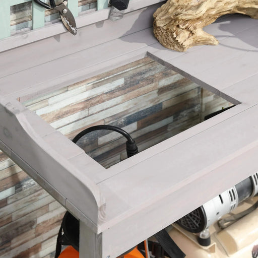 Outsunny Outdoor Wooden Potting Bench Table with Removable Sink, Garden Work Bench with Chalkboard, Drawer, Open Shelf Storage, Light Gray Default -DTYStore