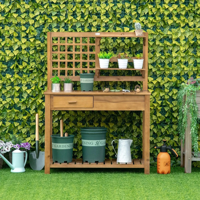 Outsunny Potting Bench Table, Garden Work Bench, Outdoor Wooden Workstation with Tiers of Shelves and Drawer for Patio, Courtyards, Balcony, Brown Default -DTYStore