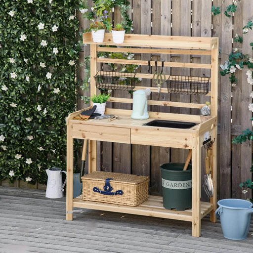 Outsunny Potting Bench Table, Garden Work Bench, Workstation with Metal Sieve Screen, Removable Sink, Additional Hooks and Baskets for Patio, Courtyards, Balcony, Natural Default -DTYStore