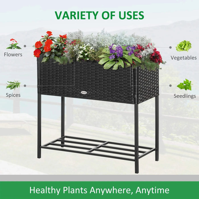 Outsunny Raised Garden Bed, Elevated Planter Box with Rattan Wicker Look, Tool Storage Shelf, Portable Design for Herbs, Vegetables, Flowers, Black Default -DTYStore