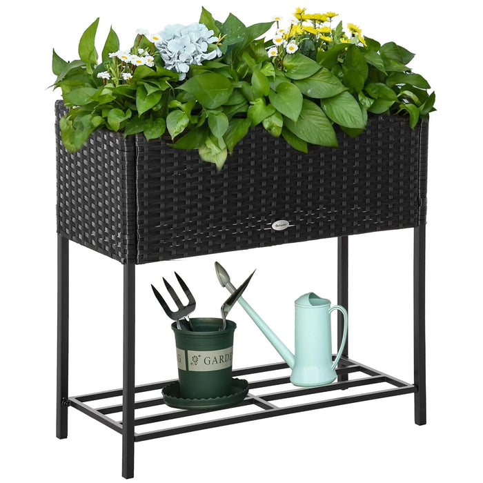 Outsunny Raised Garden Bed, Elevated Planter Box with Rattan Wicker Look, Tool Storage Shelf, Portable Design for Herbs, Vegetables, Flowers, Black Default -DTYStore