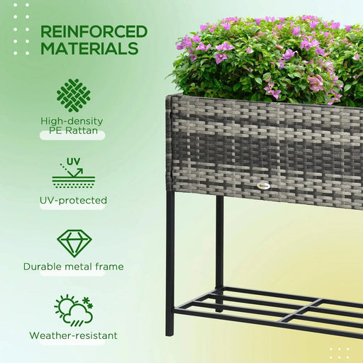 Outsunny Raised Garden Bed, Elevated Planter Box with Rattan Wicker Look, Tool Storage Shelf, Portable Design for Herbs, Vegetables, Flowers, Gray Default -DTYStore