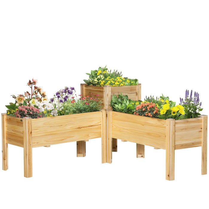 Outsunny Raised Garden Bed Set of 3, Wooden Elevated Planter Box with Legs and Bed Liner, for Backyard and Patio to Grow Vegetables, Herbs, and Flowers, Natural Default -DTYStore