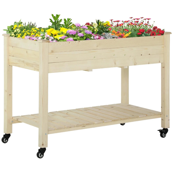 Outsunny Raised Garden Bed with Lockable Wheels and Storage Shelf, Natural Wood, 47 x 22 x 33 Inches Default -DTYStore