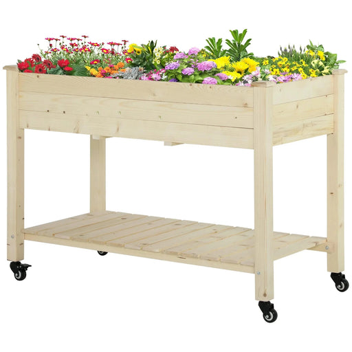 Outsunny Raised Garden Bed with Lockable Wheels and Storage Shelf, Natural Wood, 47 x 22 x 33 Inches Default -DTYStore