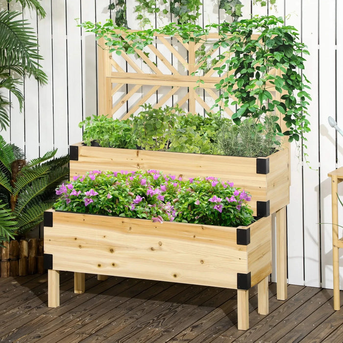 Outsunny Raised Garden Bed with Trellis, 2 Tier Wooden Elevated Planter Box with Legs and Metal Corners for Vegetables, Flowers, Herbs, Natural Default -DTYStore