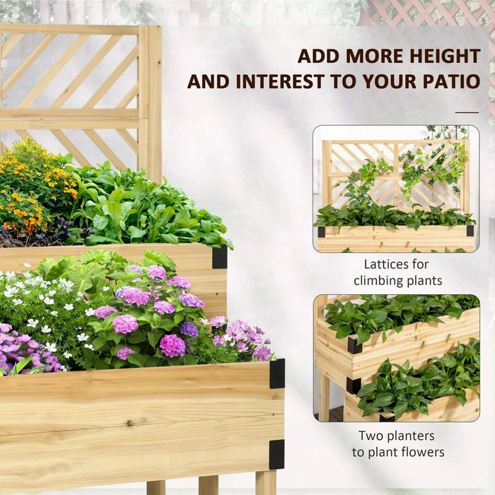 Outsunny Raised Garden Bed with Trellis, 2 Tier Wooden Elevated Planter Box with Legs and Metal Corners for Vegetables, Flowers, Herbs, Natural Default -DTYStore