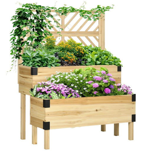 Outsunny Raised Garden Bed with Trellis, 2 Tier Wooden Elevated Planter Box with Legs and Metal Corners for Vegetables, Flowers, Herbs, Natural Default -DTYStore