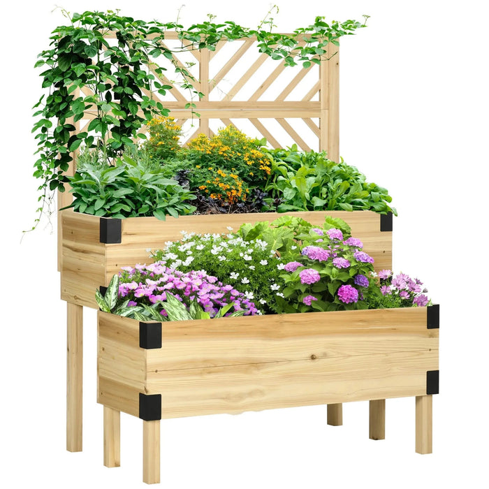 Outsunny Raised Garden Bed with Trellis, 2 Tier Wooden Elevated Planter Box with Legs and Metal Corners for Vegetables, Flowers, Herbs, Natural Default -DTYStore