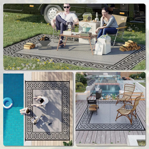Outsunny Reversible Outdoor Rug, 9' x 12' Waterproof Plastic Straw Floor Mat, Portable RV Camping Carpet, Large Floor Mat for Backyard, Deck, Picnic, Beach, Black & Gray Border Default -DTYStore