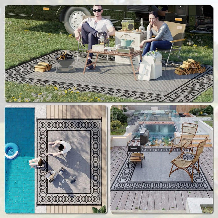 Outsunny Reversible Outdoor Rug, 9' x 12' Waterproof Plastic Straw Floor Mat, Portable RV Camping Carpet, Large Floor Mat for Backyard, Deck, Picnic, Beach, Black & Gray Border Default -DTYStore