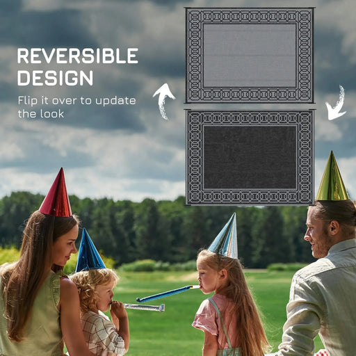 Outsunny Reversible Outdoor Rug, 9' x 12' Waterproof Plastic Straw Floor Mat, Portable RV Camping Carpet, Large Floor Mat for Backyard, Deck, Picnic, Beach, Black & Gray Border Default -DTYStore