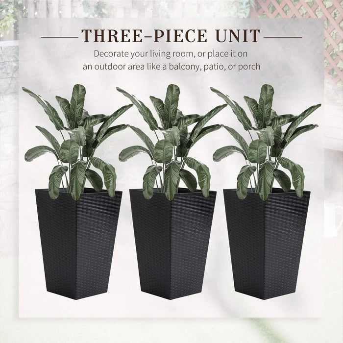 Outsunny Set of 3 Tall Planters with Drainage Hole, Outdoor Flower Pots, Indoor Planters for Porch, Front Door, Entryway, Patio and Deck, Black Default -DTYStore