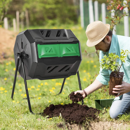 Outsunny Tumbling Compost Bin Outdoor 360° Dual Chamber Rotating Composter 43 Gallon, Green Default -DTYStore