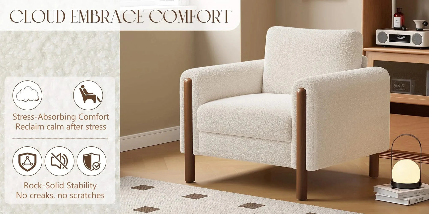 Oversized Accent Chair, Upholstered Living Room Chairs Single Sofa Chair with Walnut Legs, Curved handrail, White Default -DTYStore